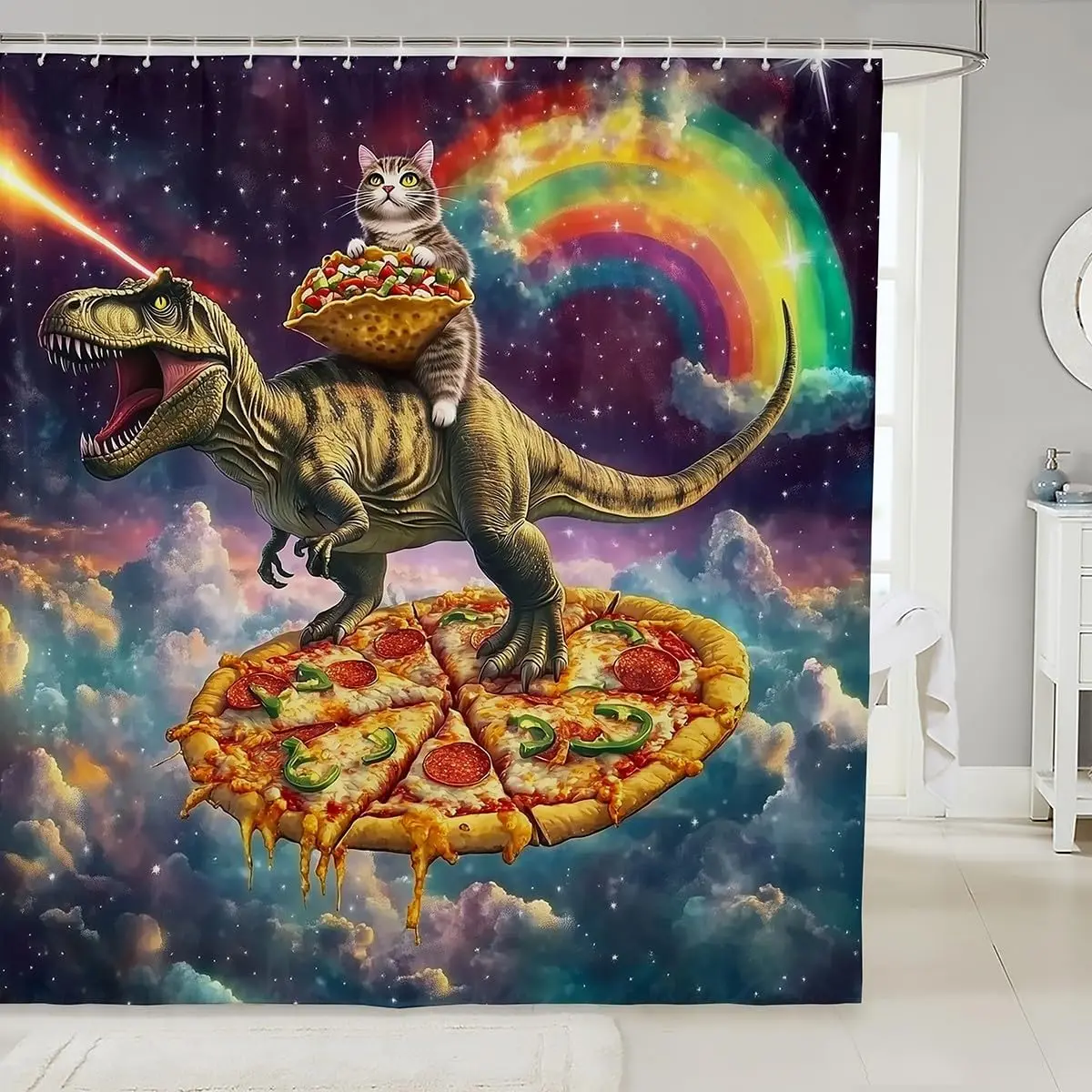 

Funny Cat Dinosaur Shower Curtain Galaxy Bath Curtain for Boys Girls Teens Rainbow Pizza Bathroom Shower Curtain Set Waterproof