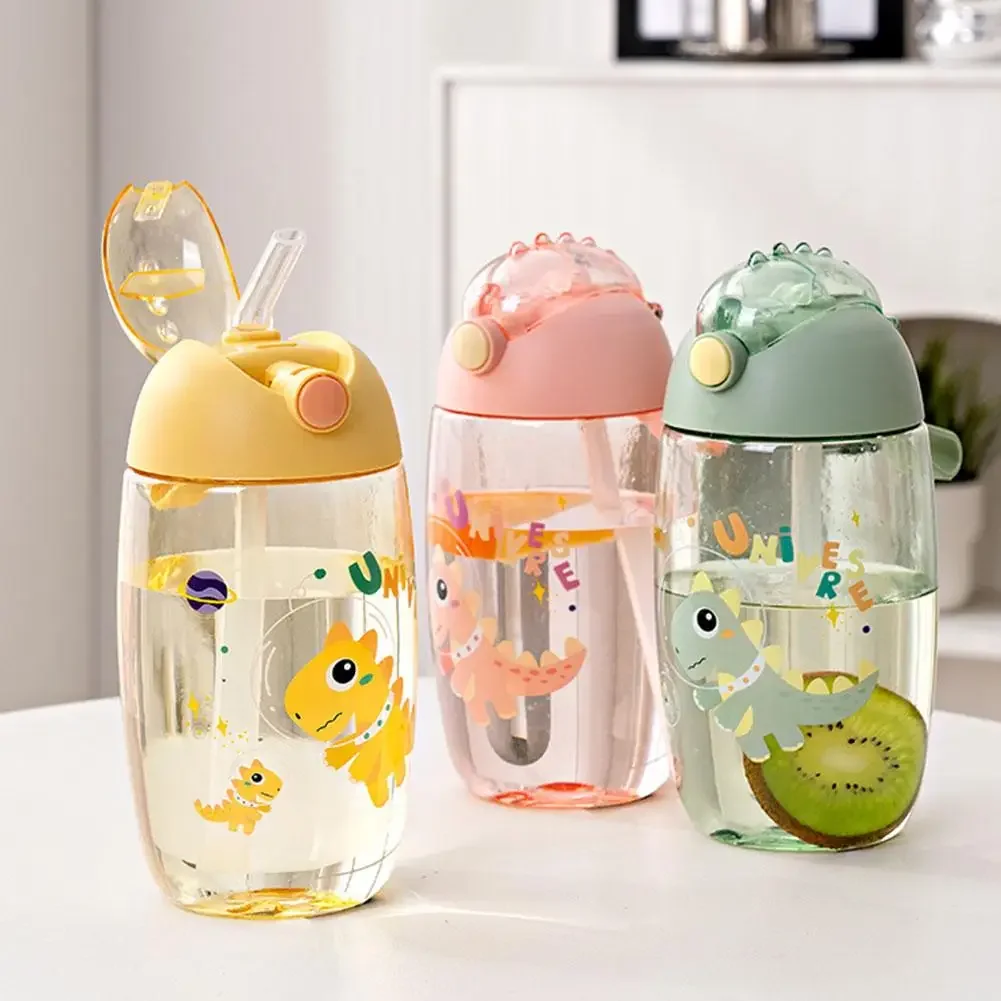 JIRO-botella de agua portátil para niños, vaso para sorber de dinosaurio de dibujos animados, taza de alimentación creativa con pajitas y tapas, 600ML