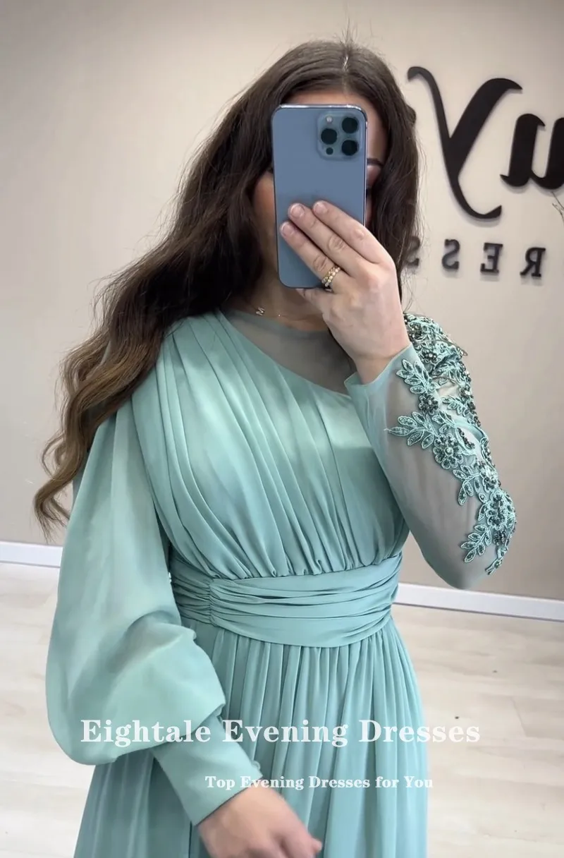 Eightale New Arrival Evening Dresses Chiffon Long Sleeves Appliques Beaded Prom Party Gown Customized vestidos festas e eventos