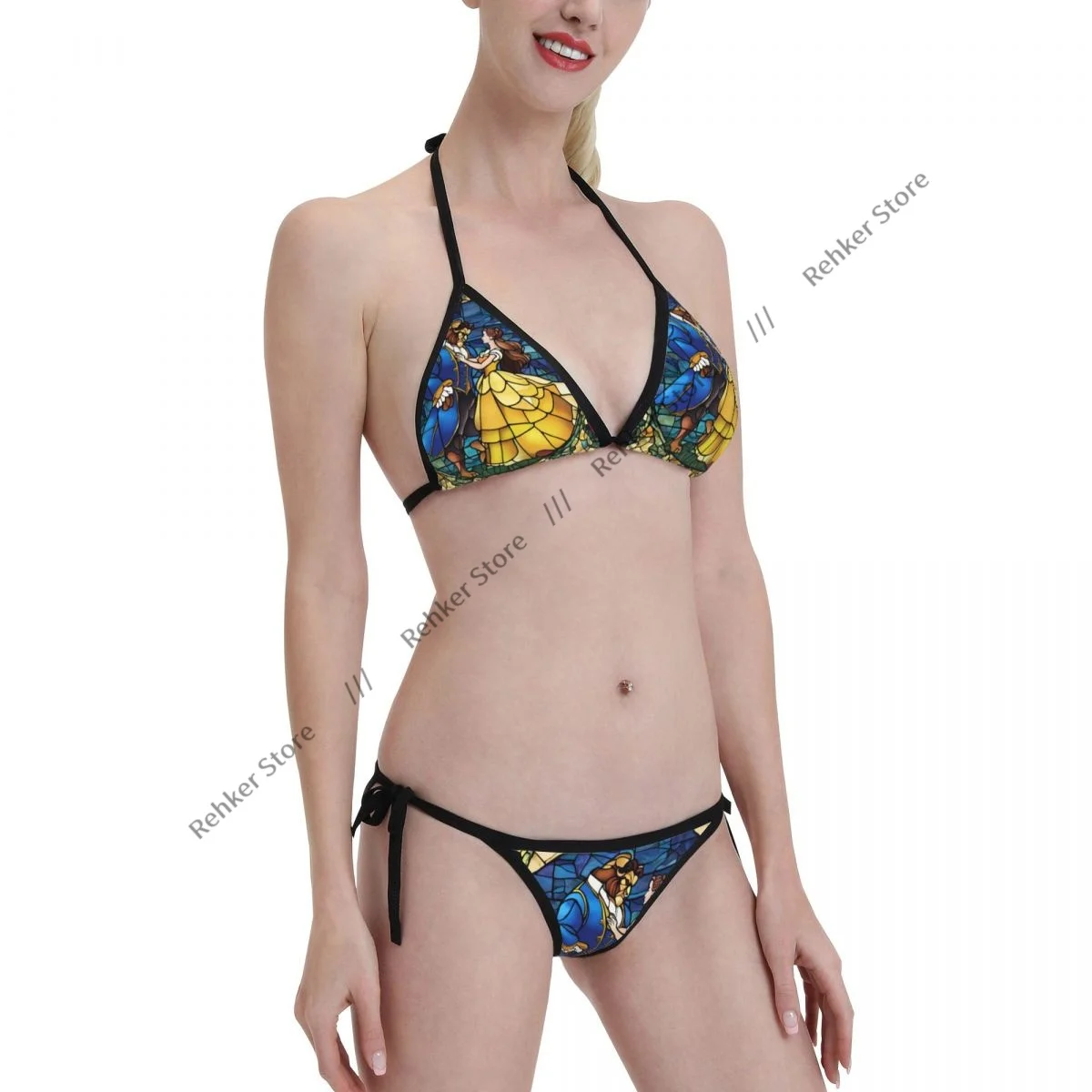 섹시한 비키니 미녀와 야수 동화 유리 프린트 수영복 여성 수영복 세트 수영복 비치웨어