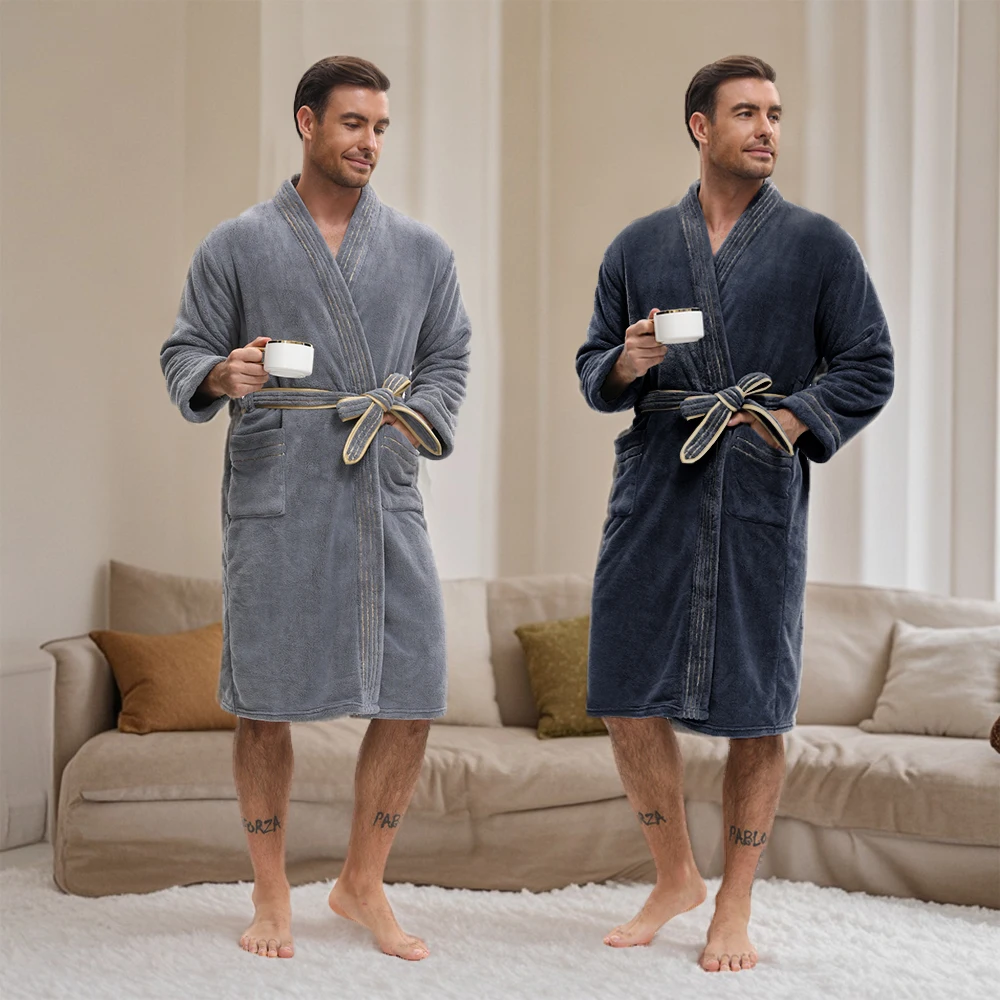 Men's elegant solid color long coral fleece thick bathrobe set, long bathrobe with pocket, comfortable and close fitting home