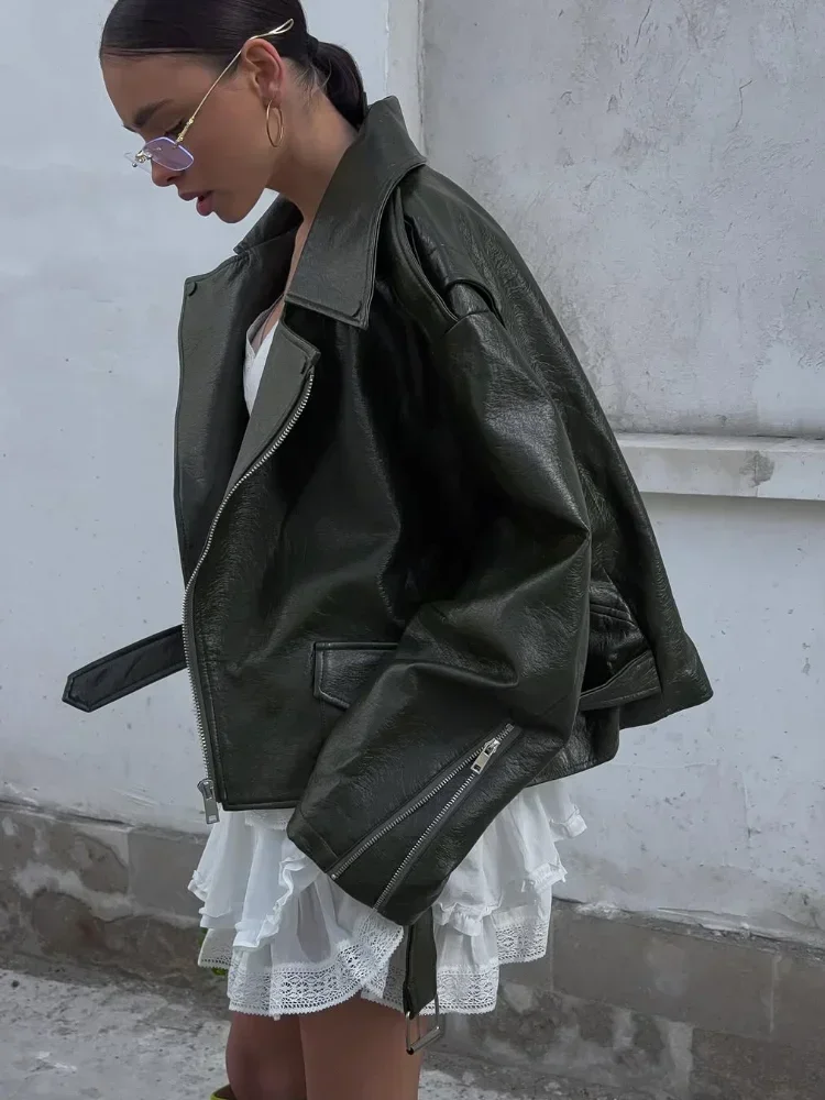 

Vintage Leather Lapel Zipper Jacket For Women Fashion Belt Lace Up Full Sleeves Short Coats 2025 Autumn High Street Outerwear