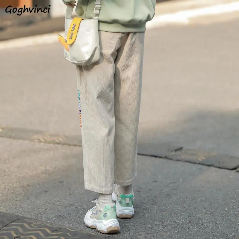 Corduroy Pants Women Casual Letter Loose All-match Ankle Length Trousers Students Simple Soft New-arrival Fashion Females Daily