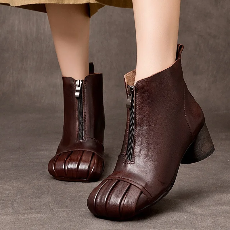 

Birkuir Retro Thick Heel Ankle Boots Women Round Heel Middle Zip High Top Shoes Genuine Leather High Heel Pleated Short Boots