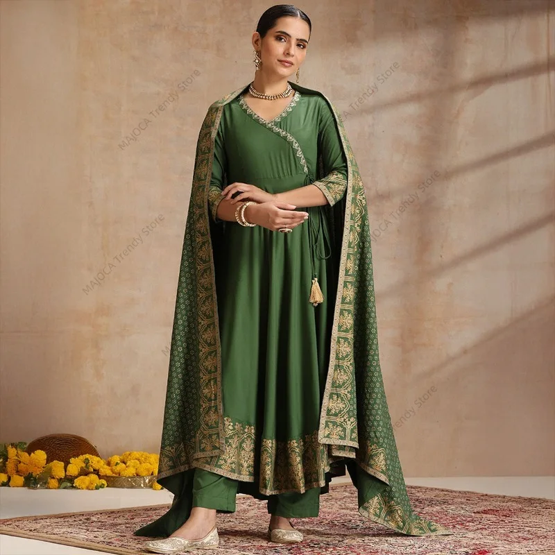 Elegant Indian Ethnic Set Women Cotton Silk Suit Bollywood Style V-Neck Kurti Pant Dupatta Breathable Festive Outfit India Dress
