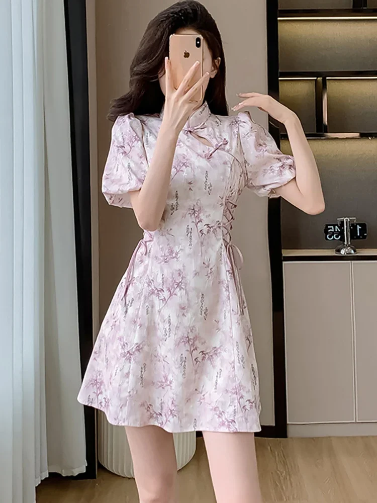 

Summer Purple Floral Puff Sleeve Elegant Cheongsam Dress Women Elegant Bodycon Bandage Short Dress 2025 Korean Luxury Prom Dress