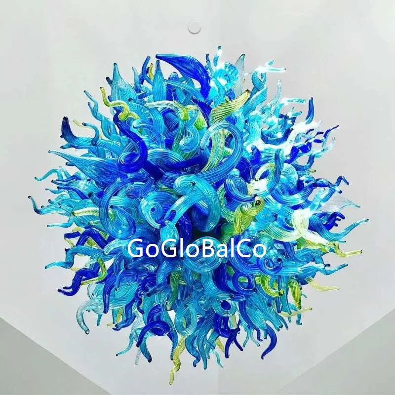 GoGlobalCo Grand Hotel Large Big Pendant Lamps Villa Stair Decorative Hand Blown Art Glass Ceiling Chandelier Blues Green Color