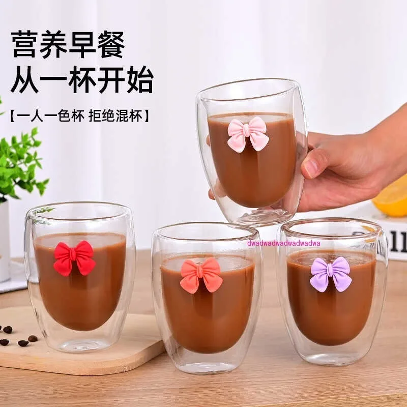 

Double glass, high temperature resistant and anti-scalding coffee cup, three-dimensional bow milk cup, buy one and get one free.