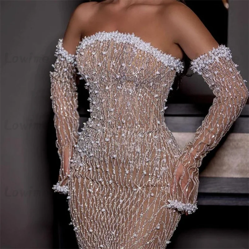 2024 Customized Arabic Evening Dress Champagne Pink Prom Dresses With Gloves Pearls Beading Mermaid Party Gowns Robe De Soirée