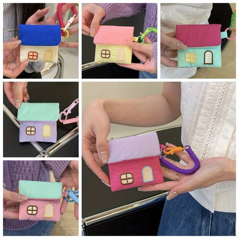 Cartoon House Earphone Bag, Embroidery Storage Pouch for Makeup Coin Keychain, Women Travel Organizer Purse