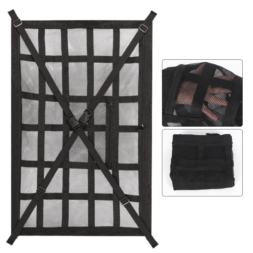 

Car Roof Luggage Storage Net 90*65cm Luggage Net Polyester Adjustable Cross Straps For Jeeps Van SUV Separate Zipper Pocket