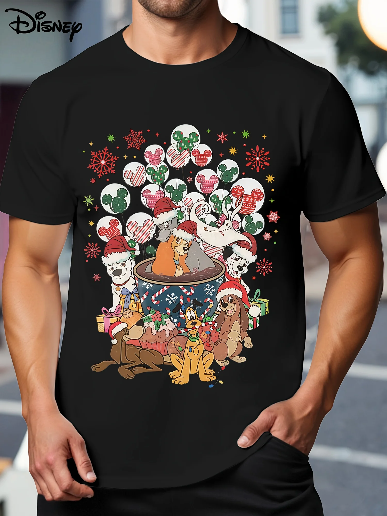 

Disney Christmas Men's T-shirt with Christmas Dog Hot Chocolate Cup and Winnie The Pooh Design. Disney Fan Apparel