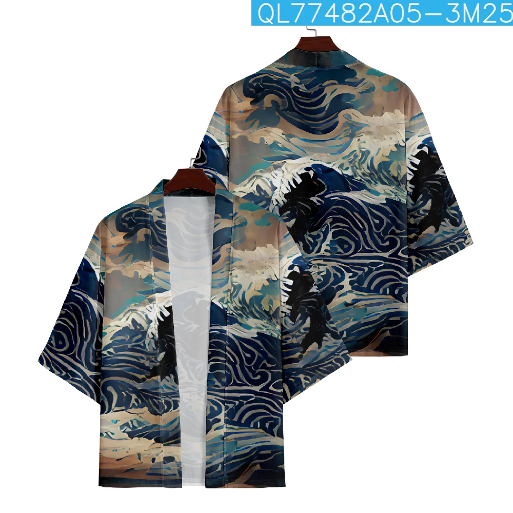 

Vintage Wave Print Kimono Japanese Traditional Cosplay Cardigan Men Women Shirts Yukata Harajuku Haori Beach Asian Clothing