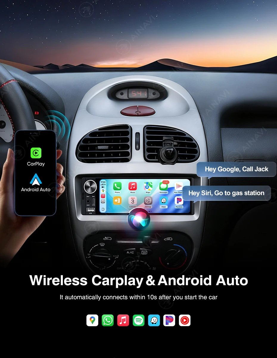 AINAVI K40 Universelles 1 DIN Autoradio Kabelloses Carplay Android HD 1280*720 IPS Touchscreen Single Din Autoradio 1DIN Multimedia – Detail 5