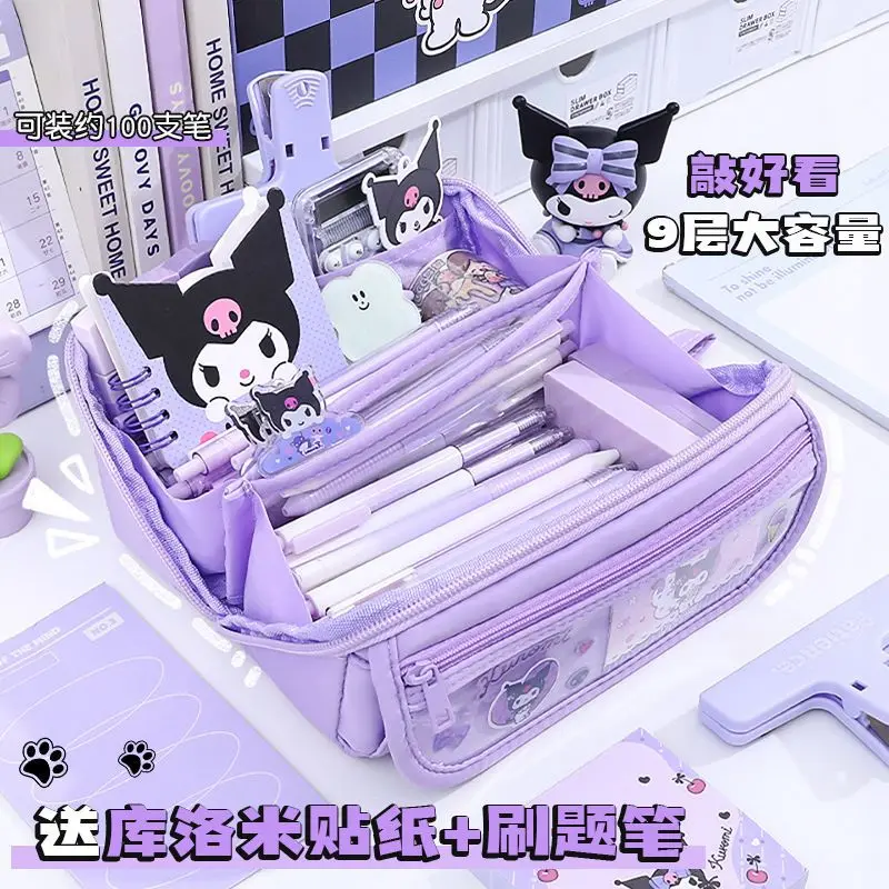 New Sanrio Cartoon Kuromi Cinnamoroll Melody Prism Pencil Bag Large Capacity Storage Stationery Sticker Student School Supplies