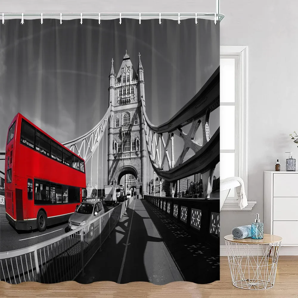 Red Bus UK Cityscape Shower Curtain London Tower Bridge City View Bathroom Decorations European City Bath Curtain with Hooks