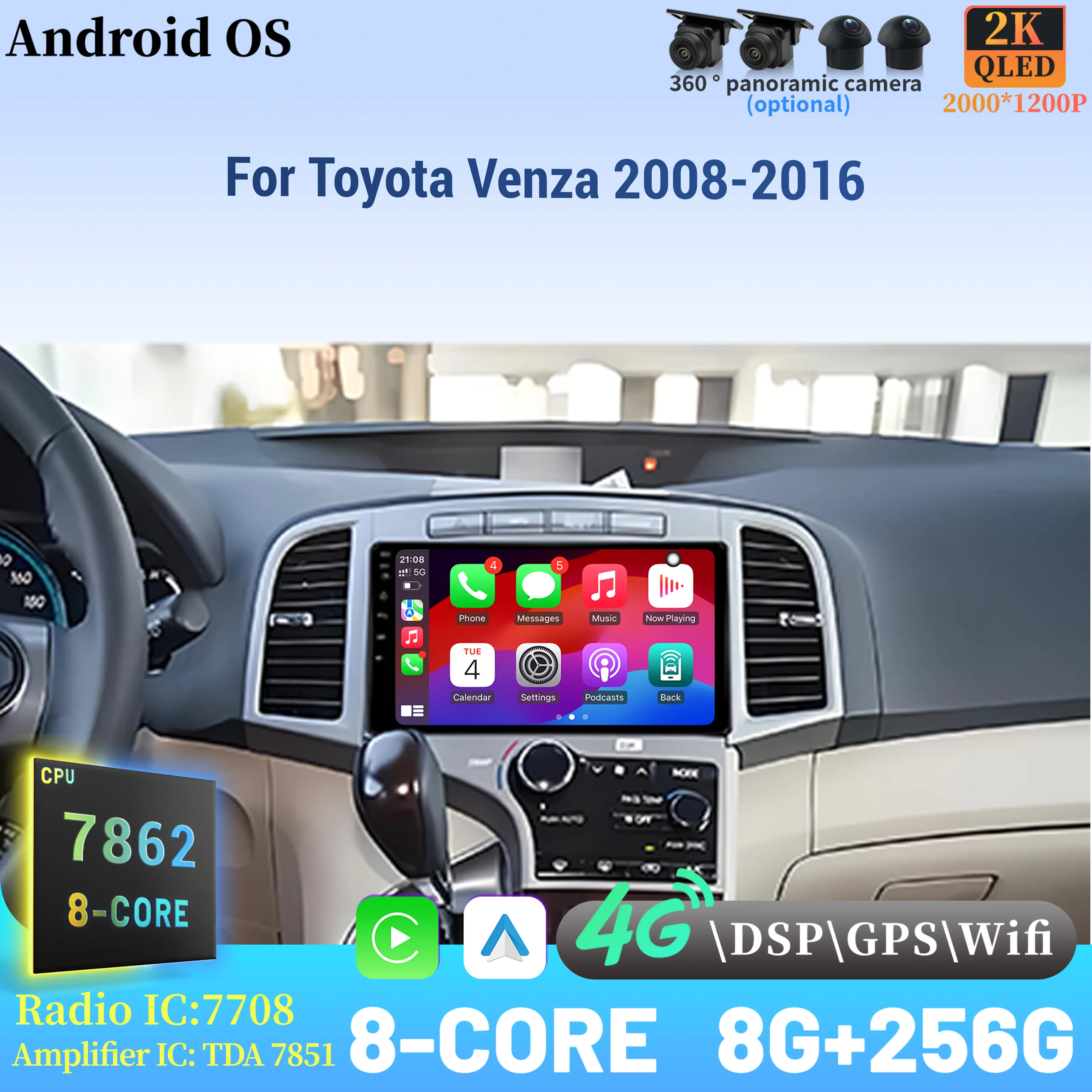 أندرويد 14 راديو السيارة مشغل وسائط متعددة اللمس 2K QLED شاشة لتويوتا فينزا 2008-2016 اللاسلكية BT CarPlay