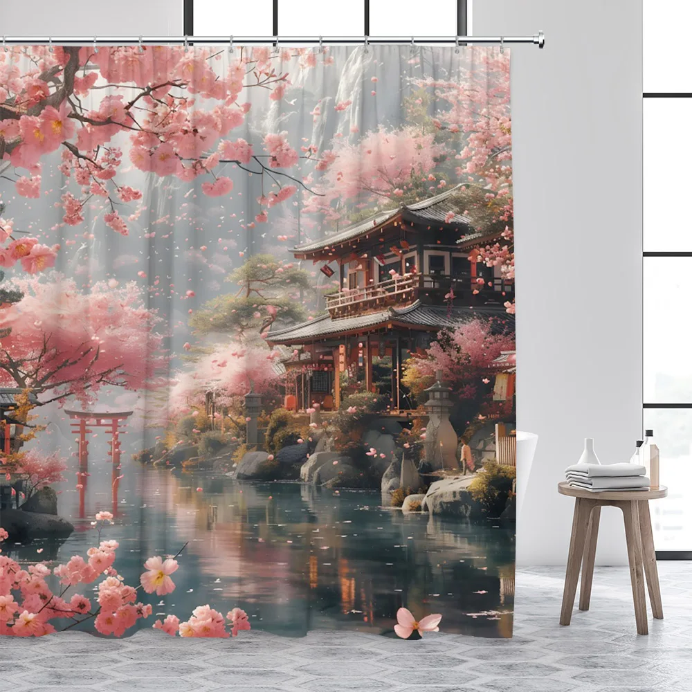 Japanese Landscape Shower Curtains Abstract Mountain Pink Cherry Blossom Floral Bird Pavilion Asian Art Bathroom Curtain Decor