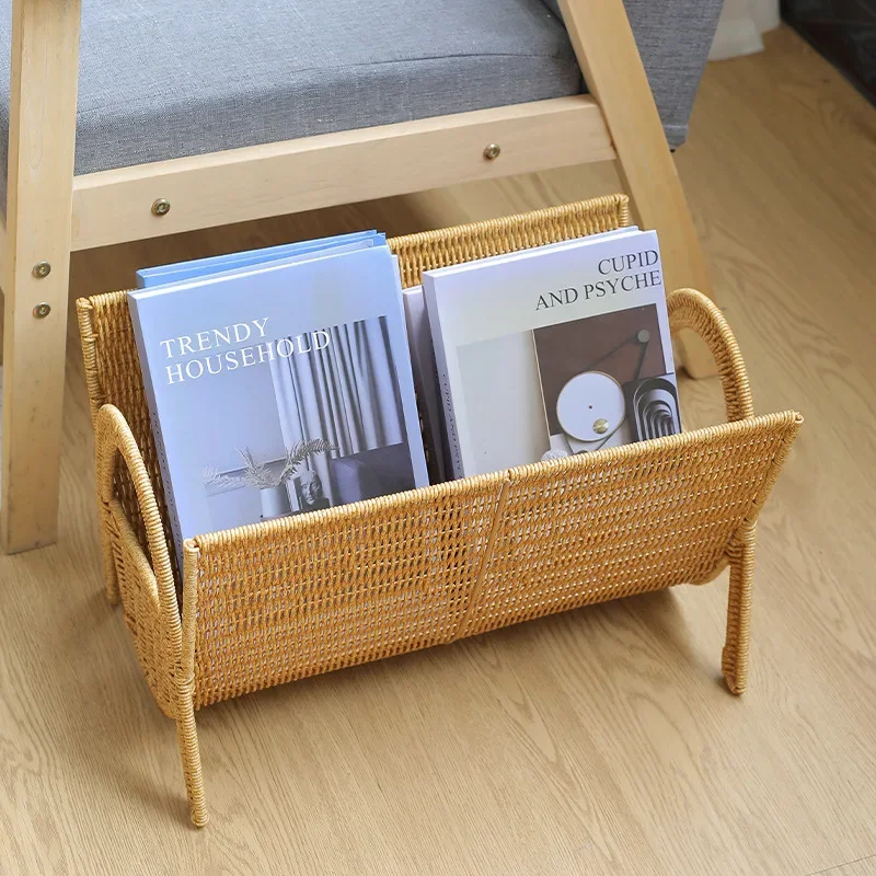 luxury book storage rack Hand-woven magazine rack, model room,  floor-to-ceiling small bookshelf, imitation rattan light