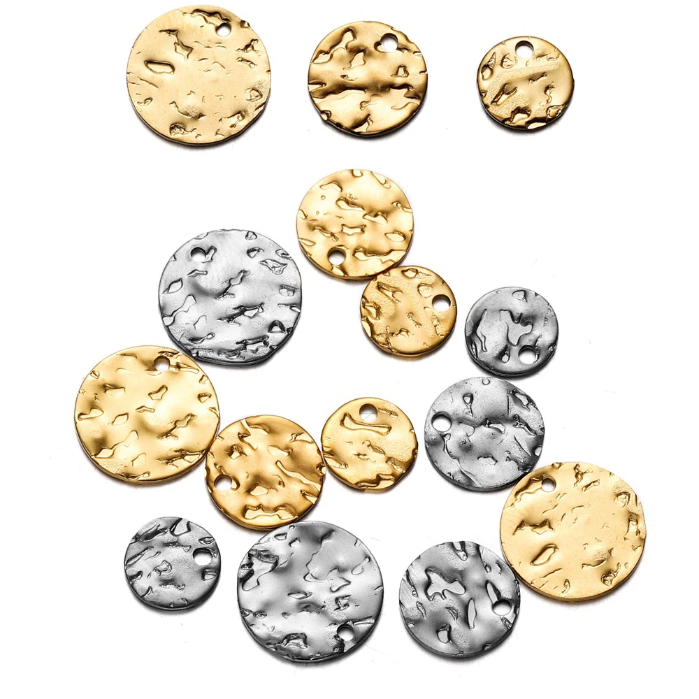 20pcs/lot 8/10/12mm Stainless Steel Round Hammered Charms Embossing Charm Earrings Pendant For DIY Jewelry Findings Making