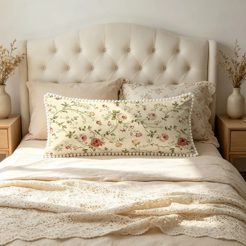 1PC Cream Background with Pink White Roses and Vine Branches, English Country Floral Long Pillow Cover with Pom Pom Trim