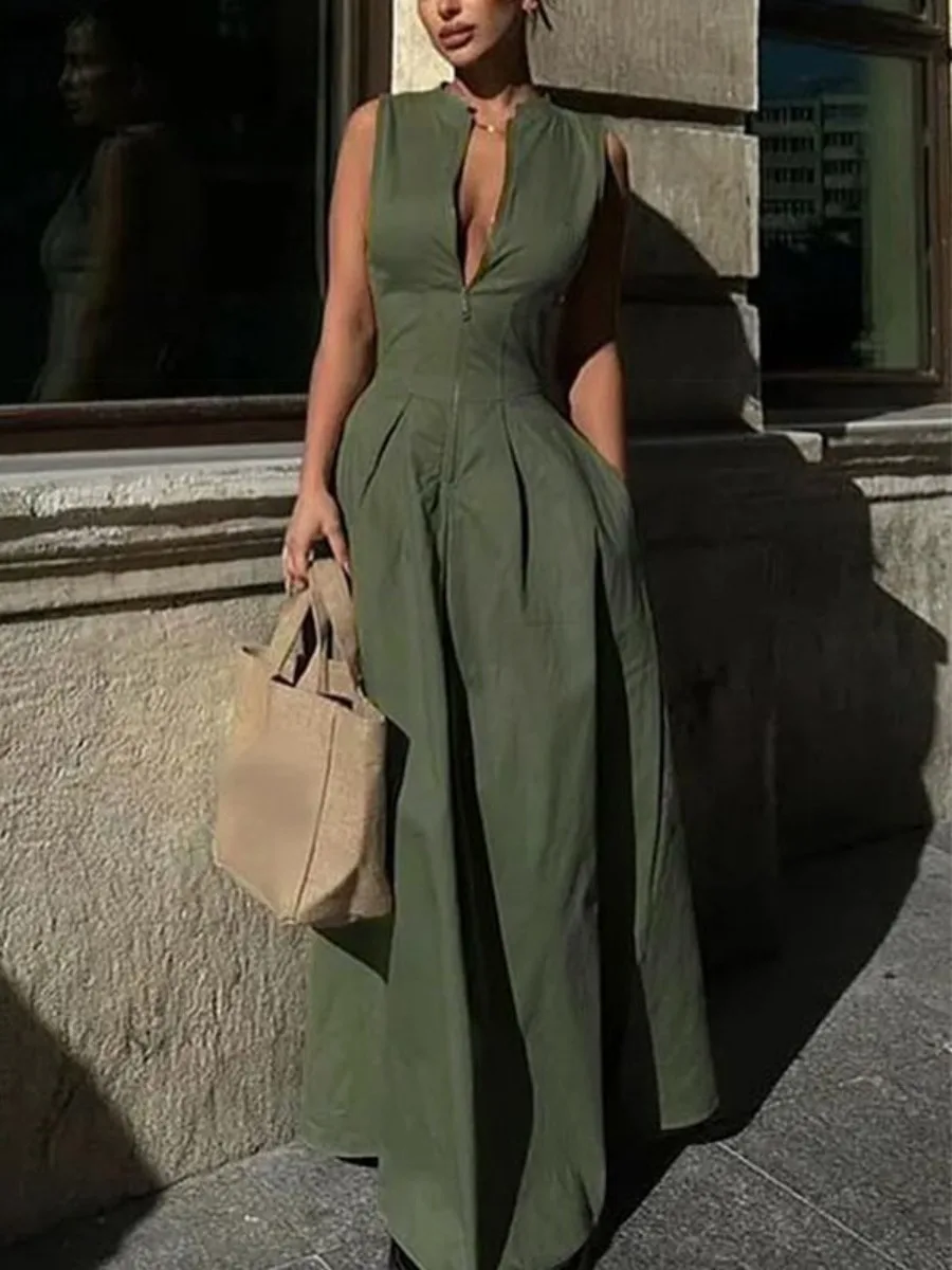 Freeacy Women's Solid Green Casual Dress Zippered Round Neck Sleeveless Slim Fit Pleated Long Dress Urban Female Commuter Outfit