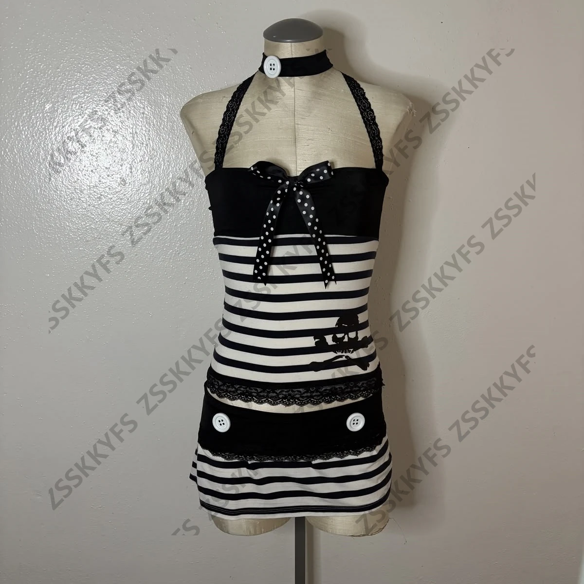 Bow Lace Halter Top Grunge Girl Tank Punk Stripe Gothic Skull Print Streetwear 2000s Japanese Clothing 2 Piece Sexy Short Skirt