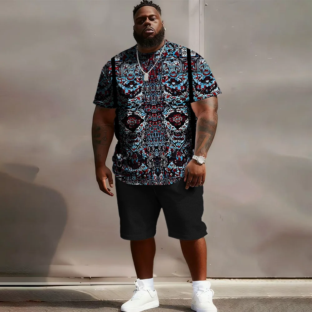 

S-9xl plus size Men's Short Sleeve Set: Ethnic-Edge Vibe - 2-Piece Big & Tall Fit, Soft Fabric, Sleek Tribal Weave Prints