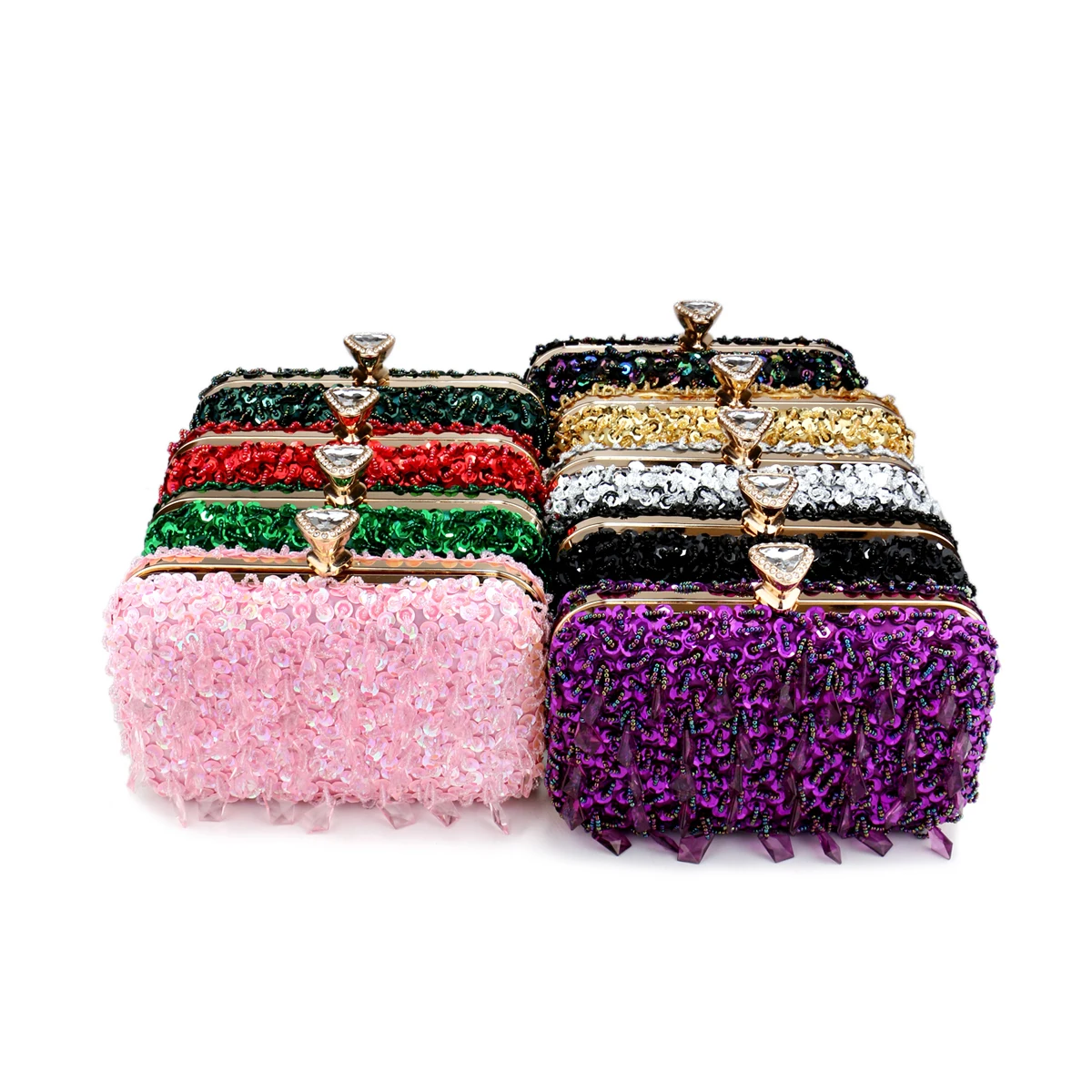 Glitter Party Dinner Evening Bags Purple Color Tassel Acrylic Clutch Bags Flap Fashion Metal Chain Diamonds Handbags Beading