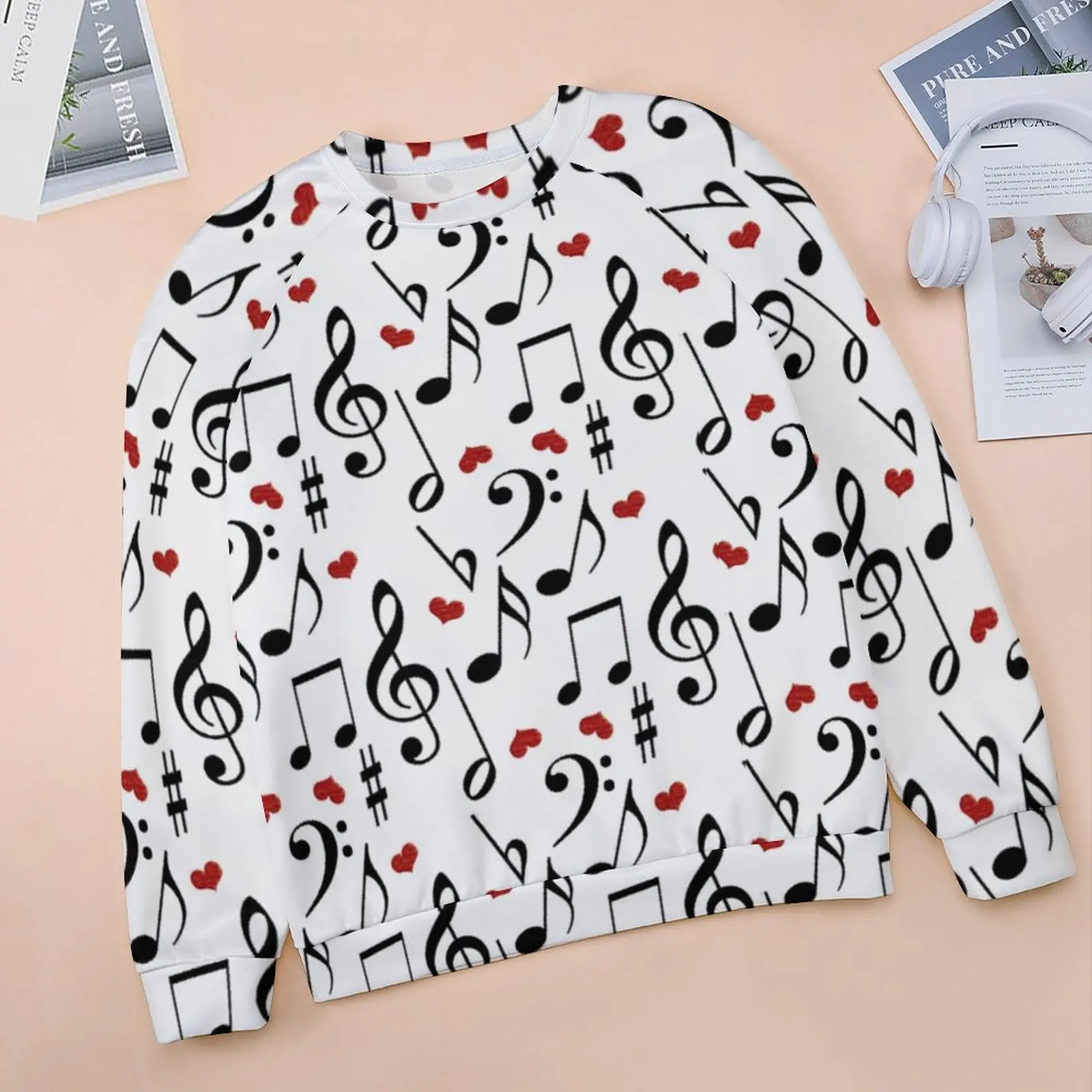 Music Note Hoodies Woman With Hearts Classic Casual Hoodie Autumn Long Sleeve Funny Pattern Sweatshirts Big Size