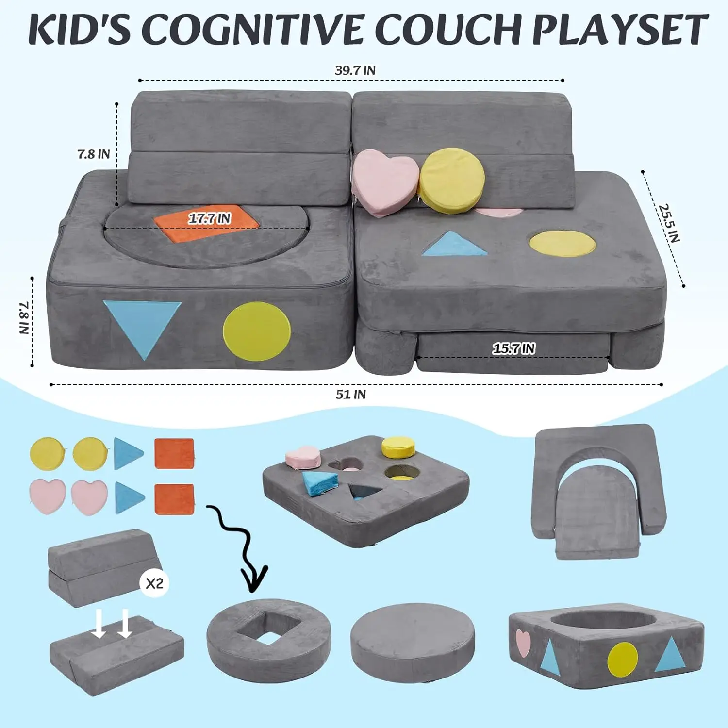 Modular Kids Play Couch, Versatile Kid Toddler Couch Enhances Cognition, Child Sectional Sofa Freely Removable, Convertible Ball