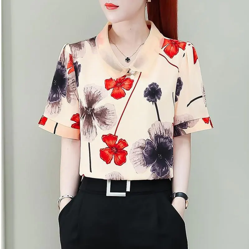 Office Lady Sweet Peter Pan Collar Blouse Summer New Loose Fashion Floral Printed Female Chic Three-dimensional Decoration Shirt