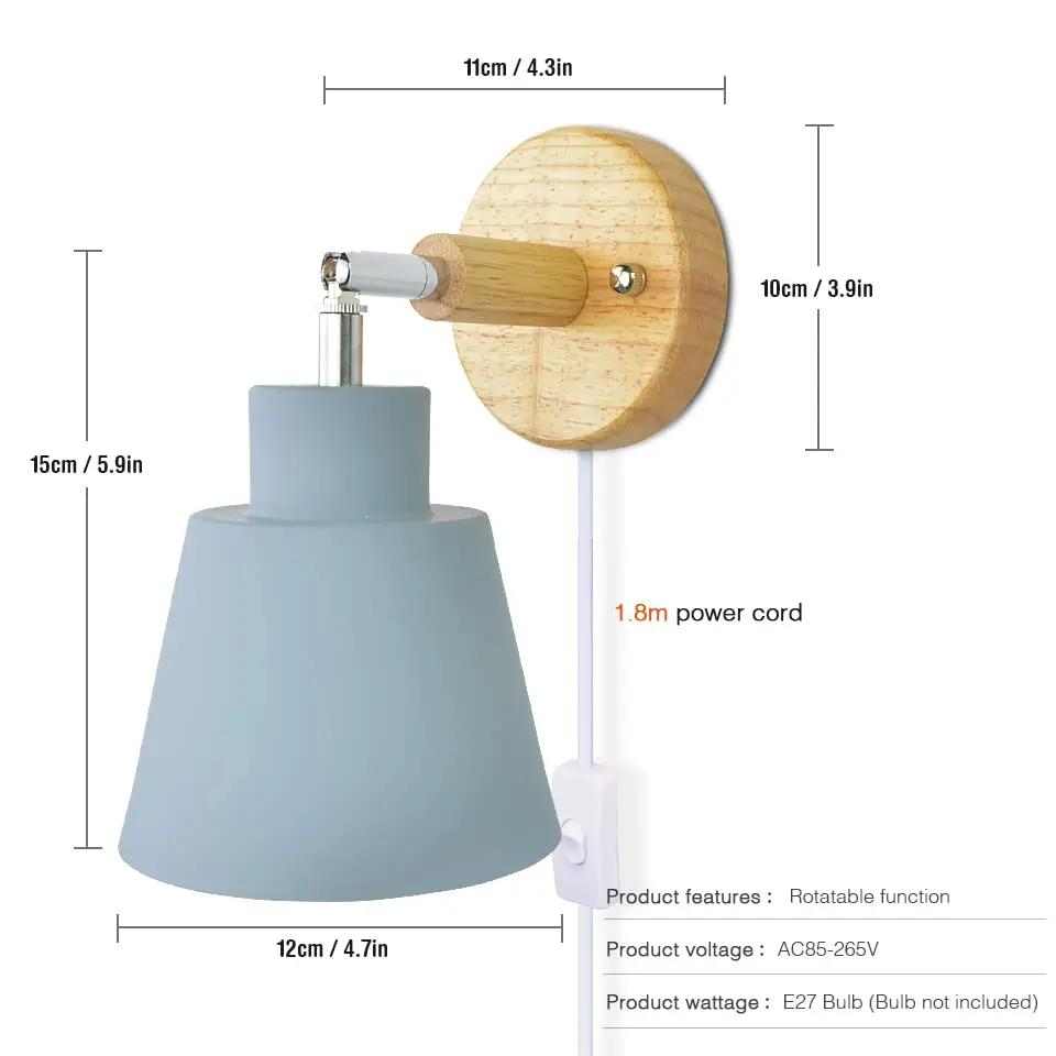 Nordic Wood Wall Lamp Iron E27 Macaroon Bedside with 1.8 meters Cable Bedside wall light EU plug Decoration Light Fixtures