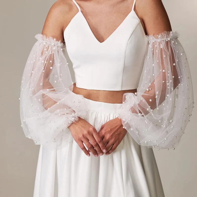 

Bridal Transparent Mesh Pearl Arm Sleeves Wedding Dress Long Decoration Tulle Sleeves Costume Accessory