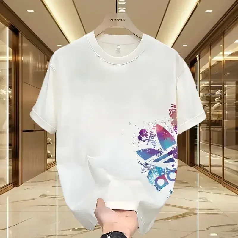 Trendy 2D pure cotton printed pure cotton T-shirt loose fashionable and sweat-absorbent summer top the same style as Adidas