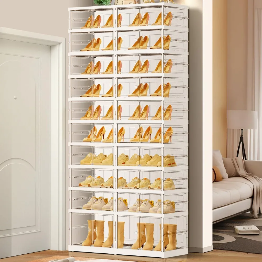 10 Tiers 20-40 Pairs Foldable Shoe Boxes Large Plastic Shoe Storage Rack Collapsible Shoe Organizer for Closet Clear