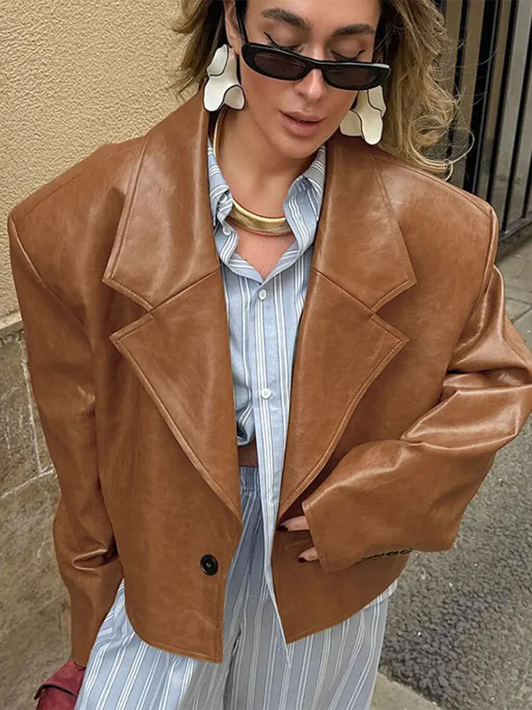 

Casual Pu Leather Jackets Women Solid Shoulder Pad Lapel Long Sleeve Button Loose Coats 2025 Autumn Winter Urban Lady Streetwear