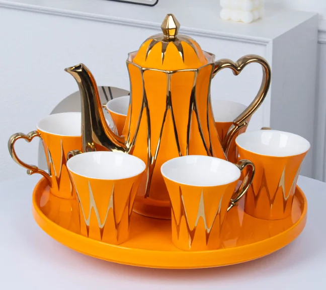 

Ramadan Gifts Luxury 8-piece Ceramic Coffee Tea Set with Gold Decorative Ceramic Teapot Teacup Set Turkiye Tea Set