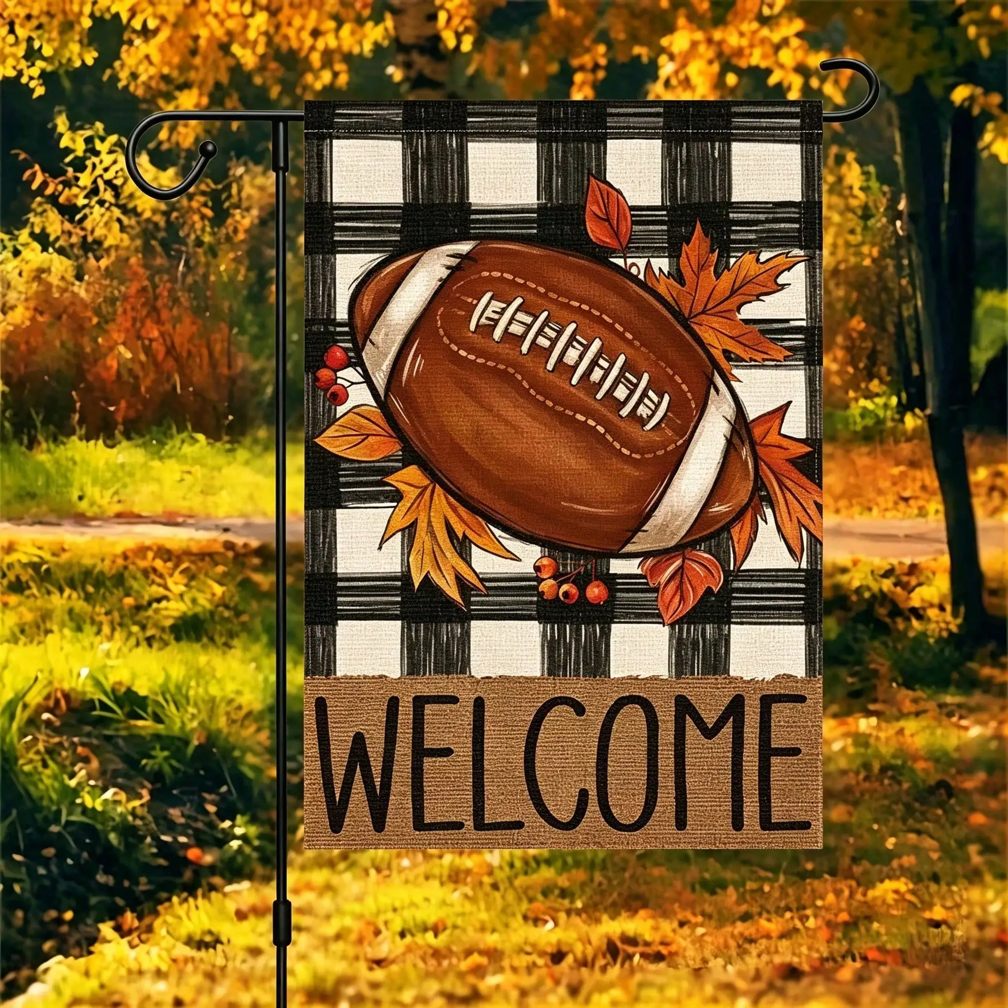 Welcome Fall Football Garden Flag,12x18 Inch Double Sided Buffalo Plaid,Small Burlap Autumn Yard Sign Outside,Fall Decor For Outside,Outdoor House Decoration,Garden Decor Outdoor,Gardening,Garden Decor Outdoor,Outdoor Decor For Patio