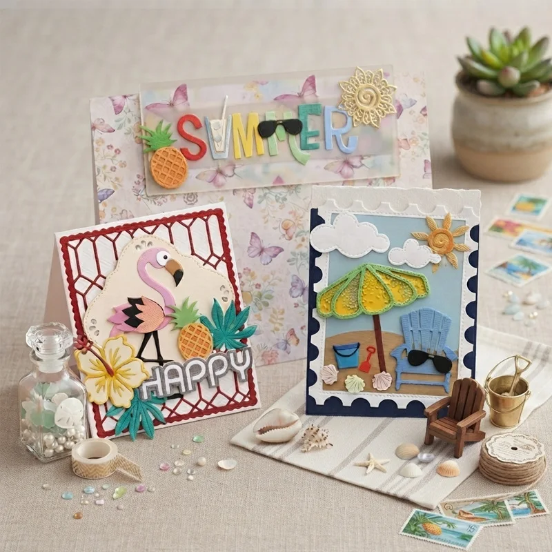 Flamingo Summer Beach Tropical Palm Leaf Chair Umbrella Pineapple Phrase Frame Metal Cutting Dies DIY Scrapbooking Card Making
