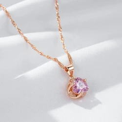 Wbmqda Geometric Pink Stone Pendant And Necklace For Women 585 Rose Gold Color Wedding Party Shiny Jewelry Accessories