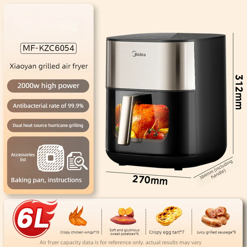 Air Fryer Oven, 2000W Countertop Air Fryer with Dual Heating Elements, Viewing Window, Metal Cavity and Removable Grease Filter