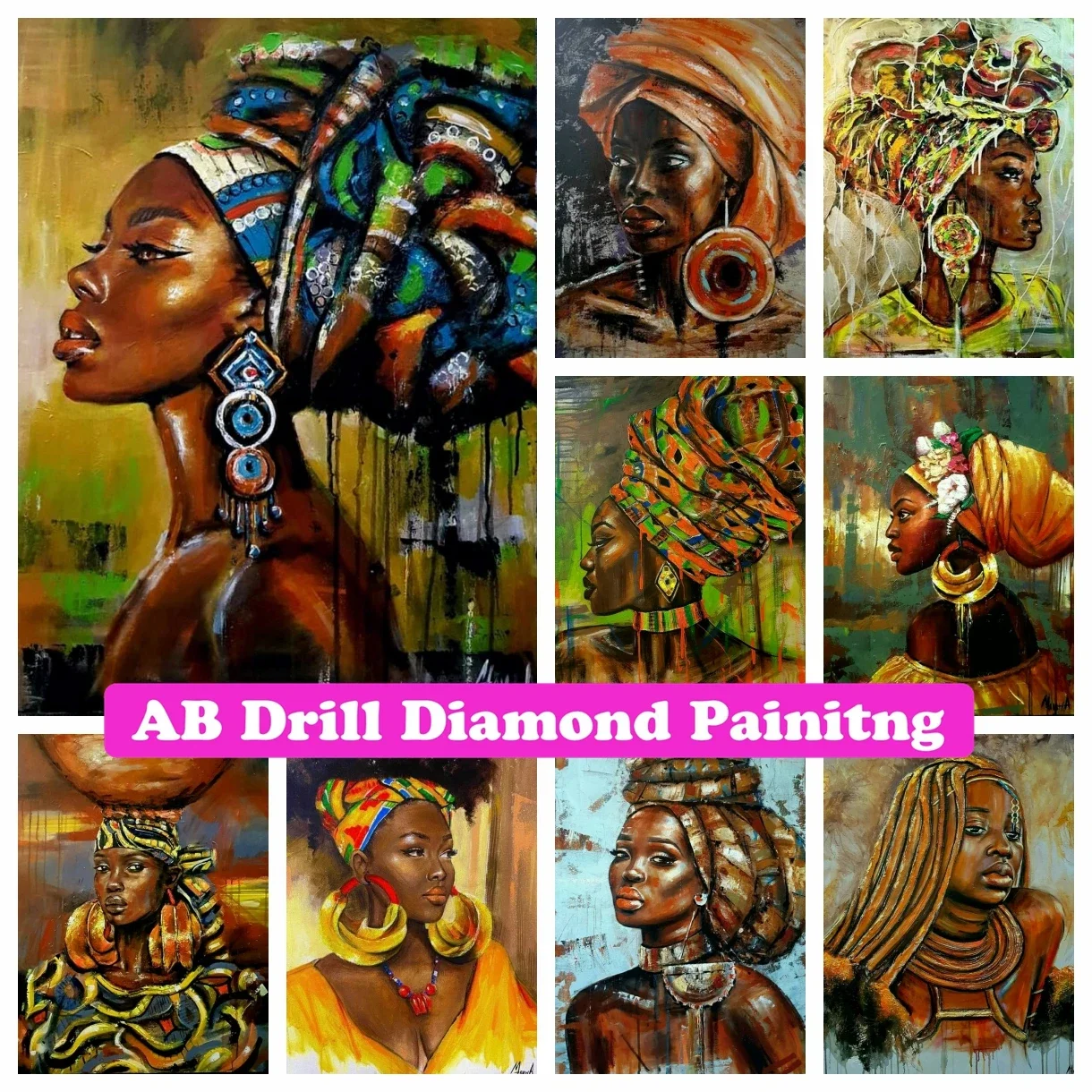 

African Woman Turban Beauty AB Drill Diamond Painting Mosaic Portrait Embroidery Pictures of Rhinestones Cross Stitch Home Decor