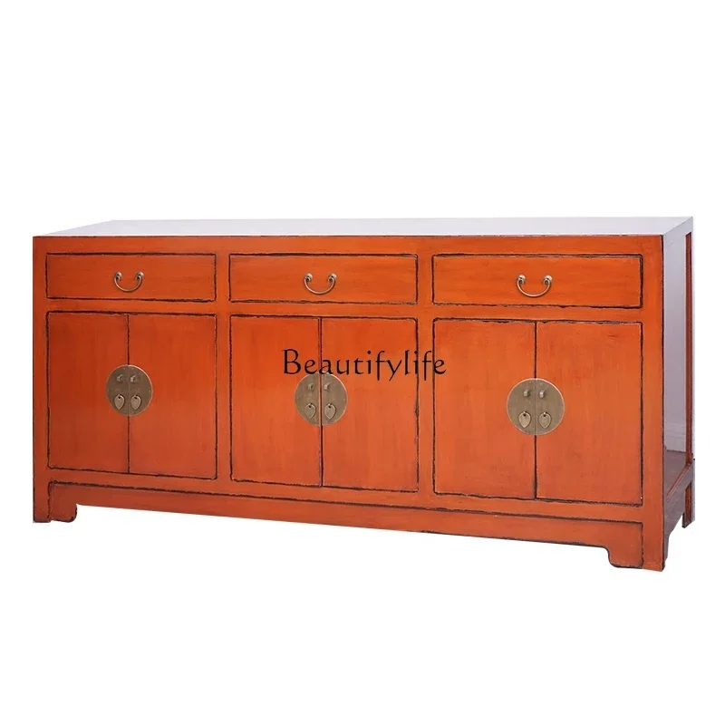 

New Chinese-style entrance old furniture elm solid wood edging three pumping decorative locker customization