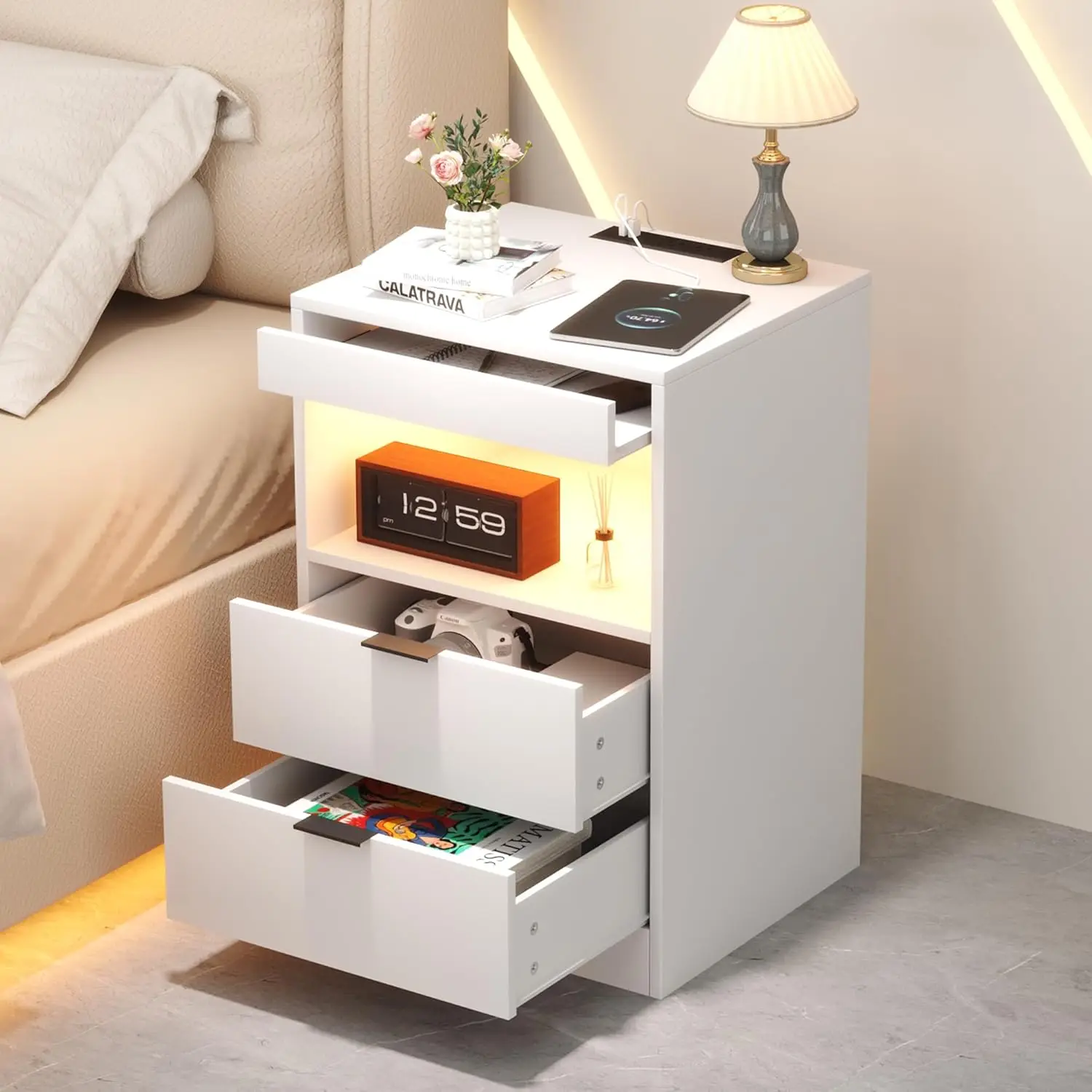 Bedside Table,LED Nightstand with Charging Station,Modern Night Stand White,Wood Sofa Couch End Side Table with 2 Pull-Out Shelf
