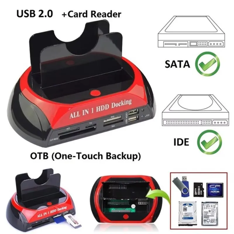 2.5 "3.5" SATA With Card Reader USB 2.0 To IDE SATA Hard Drive OTB Clone Dock All In One Hard Drive Docking Station Double Bay