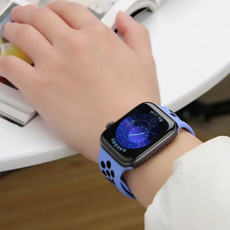 듀얼 컬러 스포츠 실리콘 시계줄, 통기성 디자인, 편안함, 퀵 릴리즈, 땀 방지, 애플 워치 밴드용