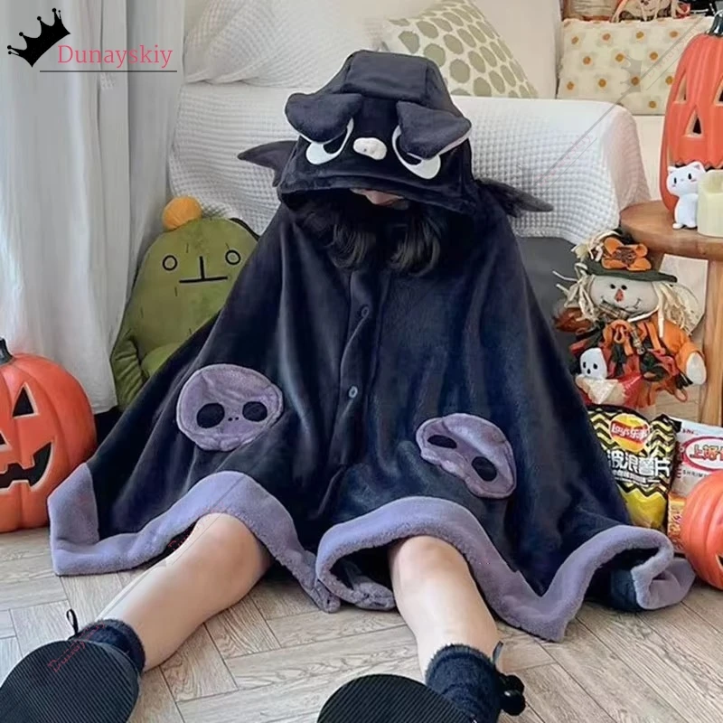 Kawaii Cartoon Bat Y2k Blanket Plush Pajamas Anime Cloak Costume Halloween Adults Winter Ponchos Women Hooded Cape Customized
