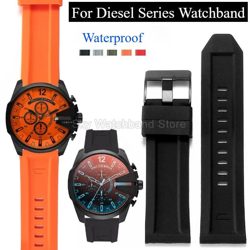 Supple Sweatproof Waterproof Silicone Watchband Flat End Solid Steel Pin Buckle for Diesel DZ4323 DZ4388 DZ7313 DZ4427 DZ1657