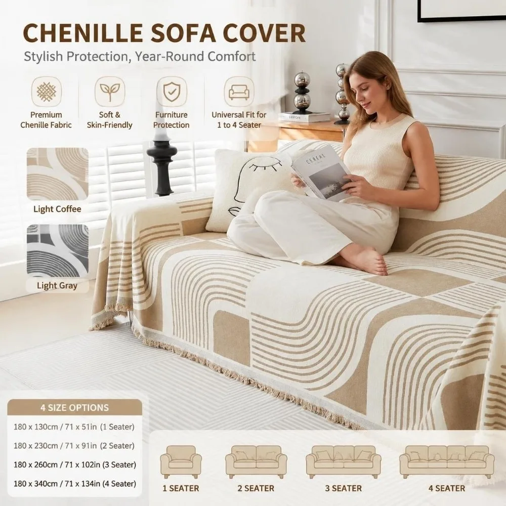 Full Cover Sofa Throw Cover Protective Scratch Proof Geometric Line Sofa Cover Washable Fringe Trim Chenille Couch Slipcover